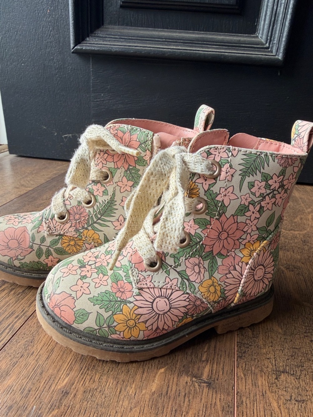 Cat & Jack Floral Lace-Up Ankle Boots - Pink & Green